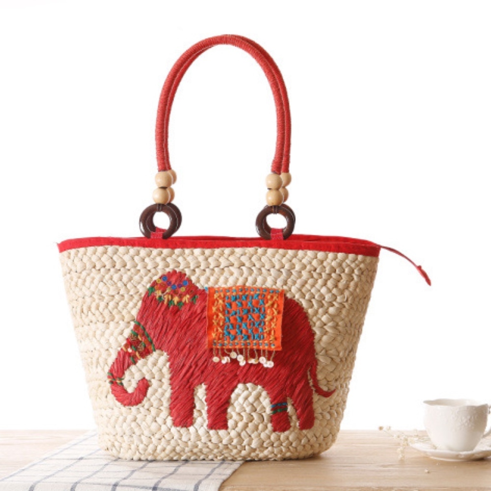 Elephant Print Straw Bag for Beach